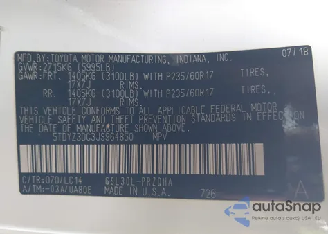 2018 Toyota Sienna Xle 8 Passenger z USA, uszkodzony, nr VIN 5TDYZ3DC3JS964850